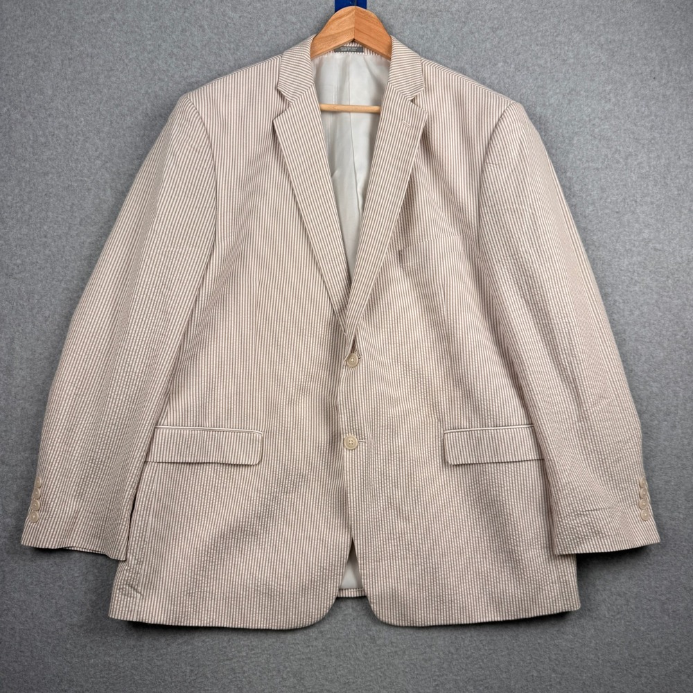 Architect Blazer Mens 46R Tan White Striped Seersucker Cotton Two Button Jacket